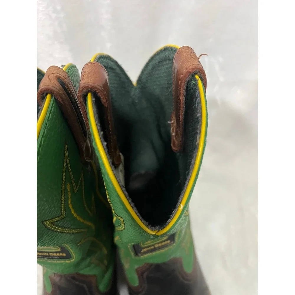 John Deere Western Boots Childrens 6.5M Brown Green Leather Cowboy Work Farmcore